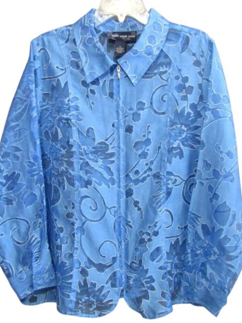 Susan Graver Style Burnout Full Zip Blue Top Womens Size 1X Sheer Floral A79883